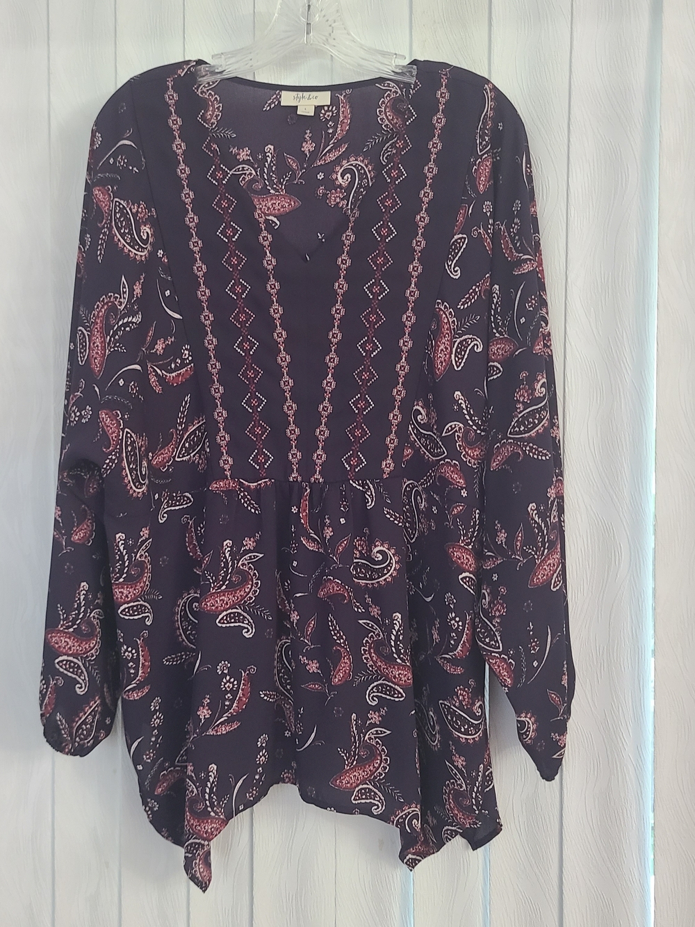 Style Co L Purple Pink Paisley V-Neck Long Sleeve Cross Stitch Boho Tunic Blouse